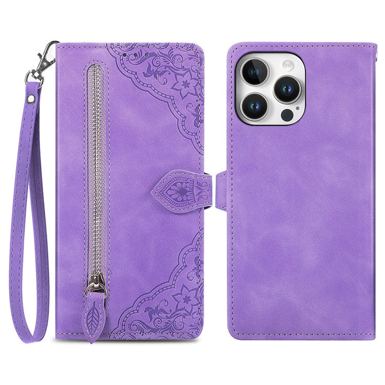 For iPhone 16 Pro Max Zipper Wallet Case with Strap Flower Imprint PU Leather Phone Cover - TechGearPal