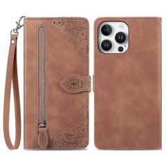 For iPhone 16 Pro Max Zipper Wallet Case with Strap Flower Imprint PU Leather Phone Cover - TechGearPal