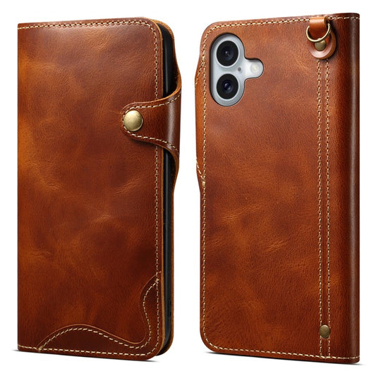 For iPhone 16 Plus Case Waxy Genuine Cow Leather Phone Wallet Shockproof Cove - TechGearPal