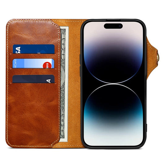 For iPhone 16 Plus Case Waxy Genuine Cow Leather Phone Wallet Shockproof Cove - TechGearPal