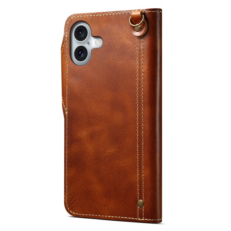 For iPhone 16 Plus Case Waxy Genuine Cow Leather Phone Wallet Shockproof Cove - TechGearPal