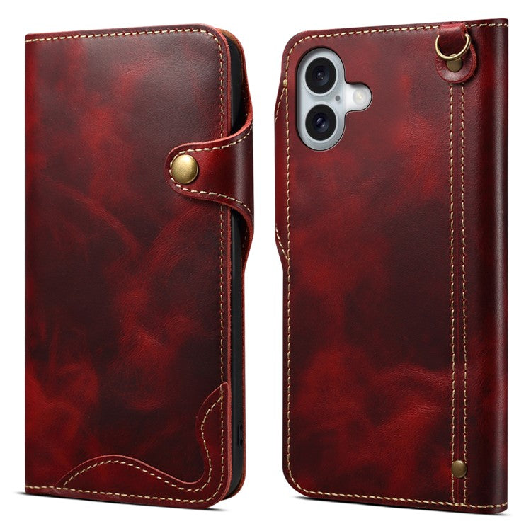 For iPhone 16 Plus Case Waxy Genuine Cow Leather Phone Wallet Shockproof Cove - TechGearPal