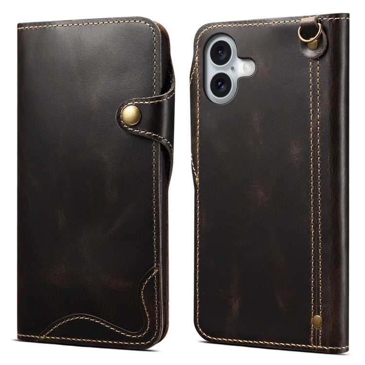 For iPhone 16 Plus Case Waxy Genuine Cow Leather Phone Wallet Shockproof Cove - TechGearPal