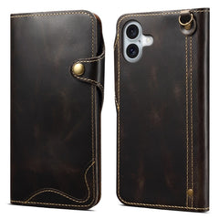 For iPhone 16 Plus Case Waxy Genuine Cow Leather Phone Wallet Shockproof Cove - TechGearPal