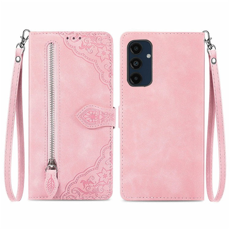 For Samsung Galaxy S24 FE Zipper Wallet Case with Strap Flower Imprint PU Leather Phone Cove - TechGearPal