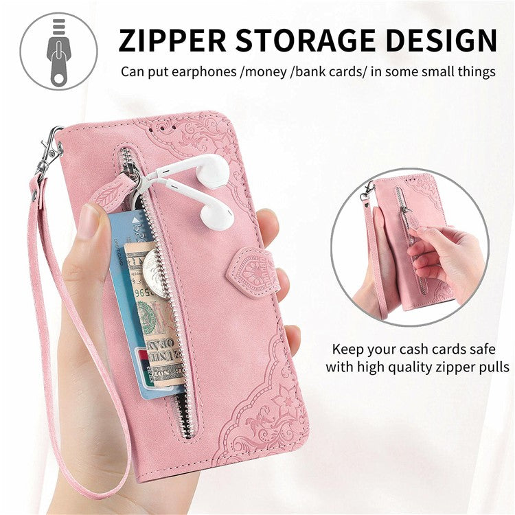 For Samsung Galaxy S24 FE Zipper Wallet Case with Strap Flower Imprint PU Leather Phone Cove - TechGearPal