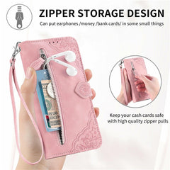 For Samsung Galaxy S24 FE Zipper Wallet Case with Strap Flower Imprint PU Leather Phone Cove - TechGearPal
