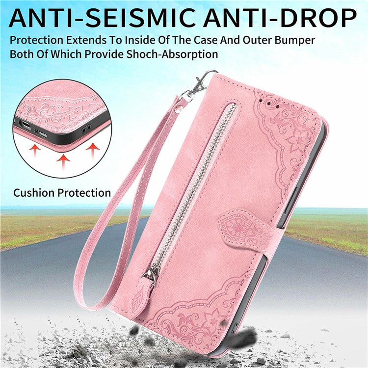 For Samsung Galaxy S24 FE Zipper Wallet Case with Strap Flower Imprint PU Leather Phone Cove - TechGearPal