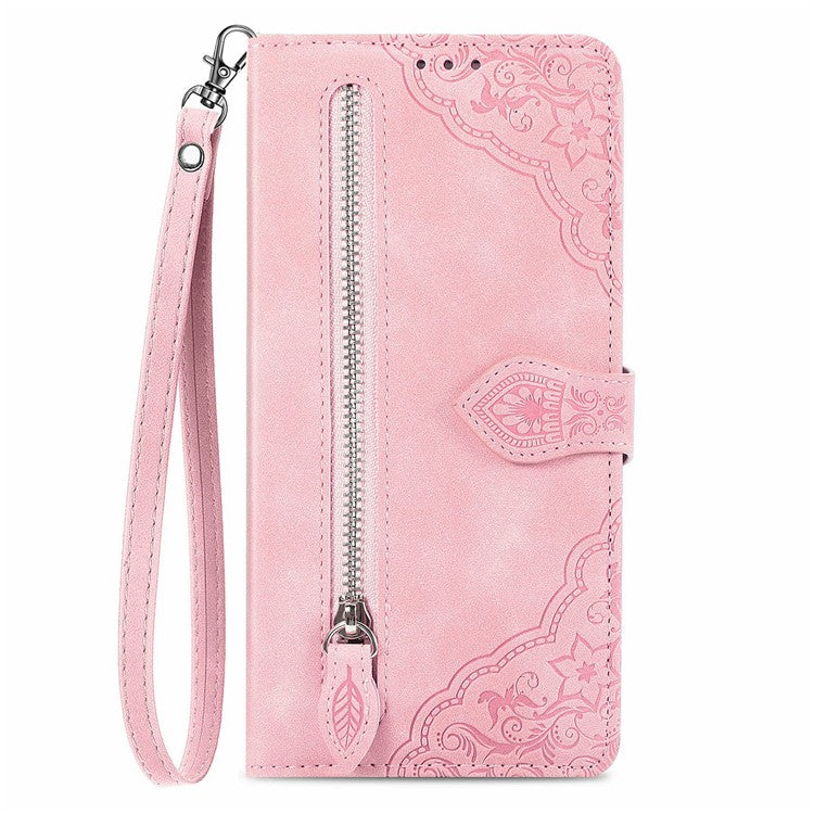 For Samsung Galaxy S24 FE Zipper Wallet Case with Strap Flower Imprint PU Leather Phone Cove - TechGearPal