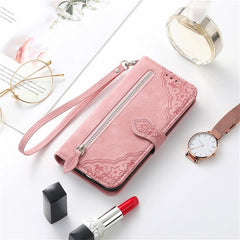 For Samsung Galaxy S24 FE Zipper Wallet Case with Strap Flower Imprint PU Leather Phone Cove - TechGearPal