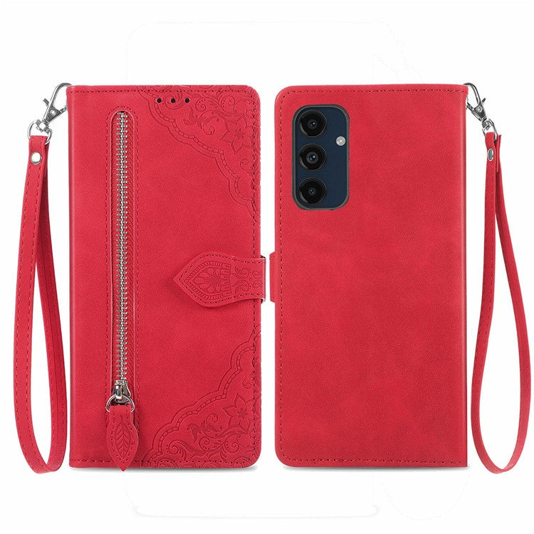 For Samsung Galaxy S24 FE Zipper Wallet Case with Strap Flower Imprint PU Leather Phone Cove - TechGearPal