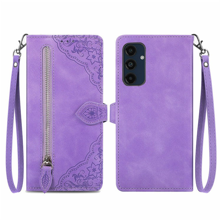 For Samsung Galaxy S24 FE Zipper Wallet Case with Strap Flower Imprint PU Leather Phone Cove - TechGearPal