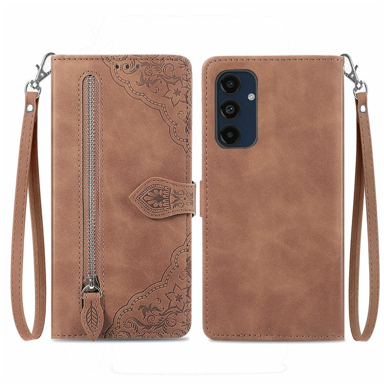 For Samsung Galaxy S24 FE Zipper Wallet Case with Strap Flower Imprint PU Leather Phone Cove - TechGearPal