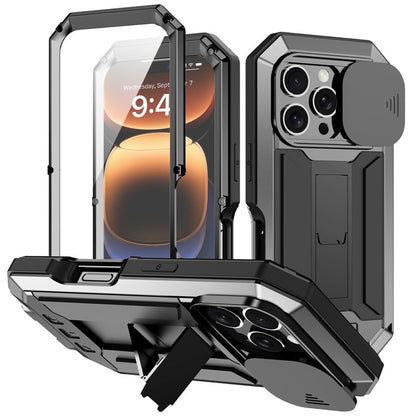 R-JUST For iPhone 16 Pro Kickstand Case Silicone+Metal+PC+Tempered Glass Screen Film Phone Cover - TechGearPal