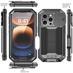R-JUST For iPhone 16 Pro Kickstand Case Silicone+Metal+PC+Tempered Glass Screen Film Phone Cover - TechGearPal