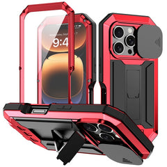 R-JUST For iPhone 16 Pro Kickstand Case Silicone+Metal+PC+Tempered Glass Screen Film Phone Cover - TechGearPal