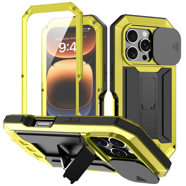 R-JUST For iPhone 16 Pro Kickstand Case Silicone+Metal+PC+Tempered Glass Screen Film Phone Cover - TechGearPal