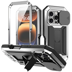 R-JUST For iPhone 16 Pro Kickstand Case Silicone+Metal+PC+Tempered Glass Screen Film Phone Cover - TechGearPal