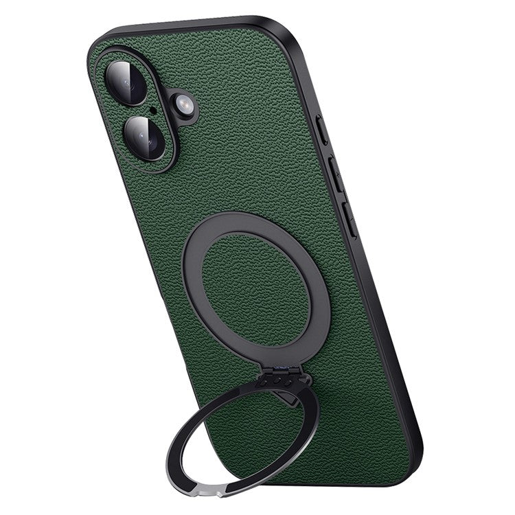 For iPhone 16 Plus Case Compatible with MagSafe Genuine Cow Leather+PC Kickstand Phone Cove - TechGearPal