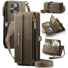For iPhone 16 Pro Max CASEME C39 RFID Blocking Zipper Wallet Stand Leather Cover with Strap