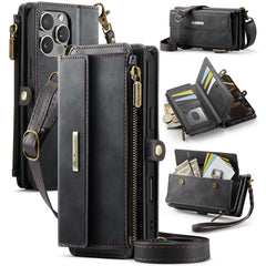 For iPhone 16 Pro Max CASEME C39 RFID Blocking Zipper Wallet Stand Leather Cover with Strap