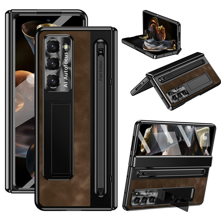 For Samsung Galaxy Z Fold 6 Slim Case Leather+PC Kickstand Phone Cover with Tempered Glass Fil - TechGearPal