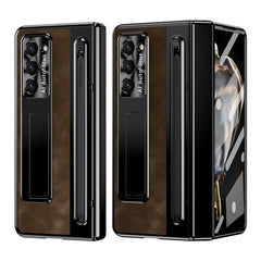 For Samsung Galaxy Z Fold 6 Slim Case Leather+PC Kickstand Phone Cover with Tempered Glass Fil - TechGearPal