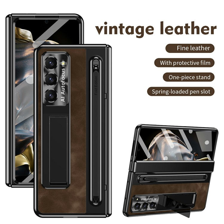 For Samsung Galaxy Z Fold 6 Slim Case Leather+PC Kickstand Phone Cover with Tempered Glass Fil - TechGearPal