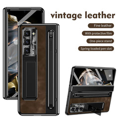 For Samsung Galaxy Z Fold 6 Slim Case Leather+PC Kickstand Phone Cover with Tempered Glass Fil - TechGearPal