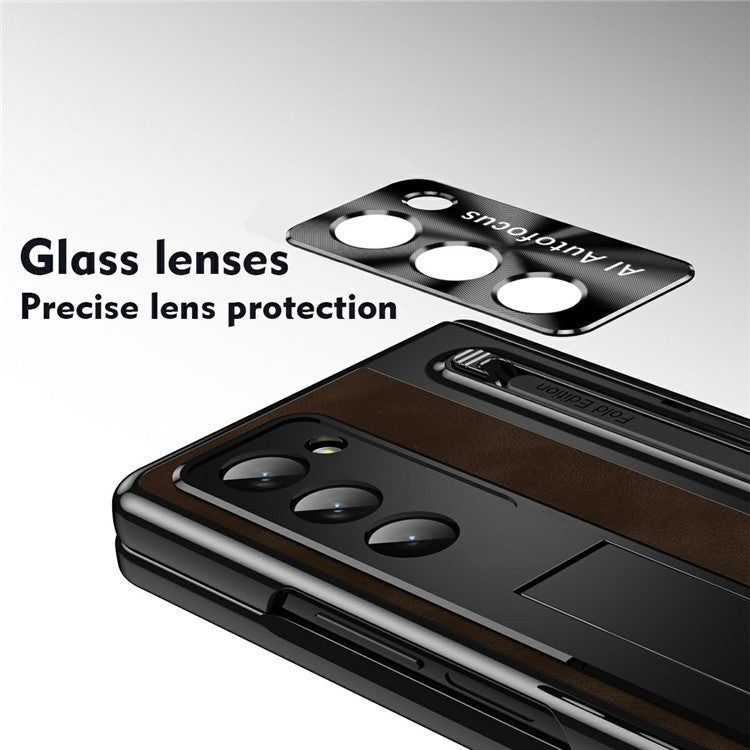 For Samsung Galaxy Z Fold 6 Slim Case Leather+PC Kickstand Phone Cover with Tempered Glass Fil - TechGearPal