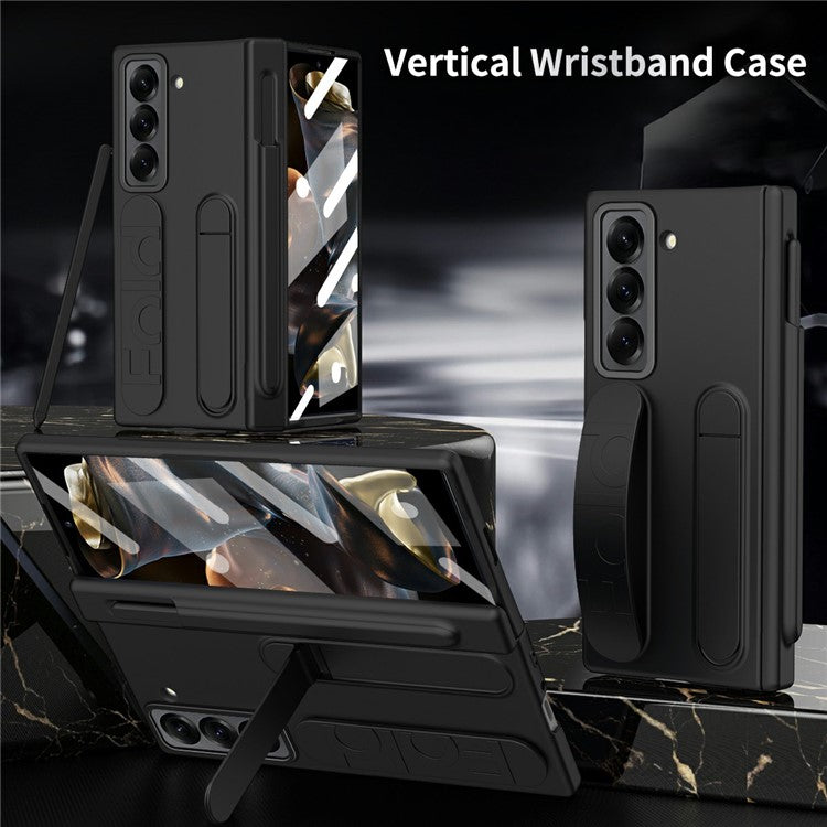 For Samsung Galaxy Z Fold 6 Slim Case Kickstand Wristband PC Phone Cover with Tempered Glass Fil - TechGearPal