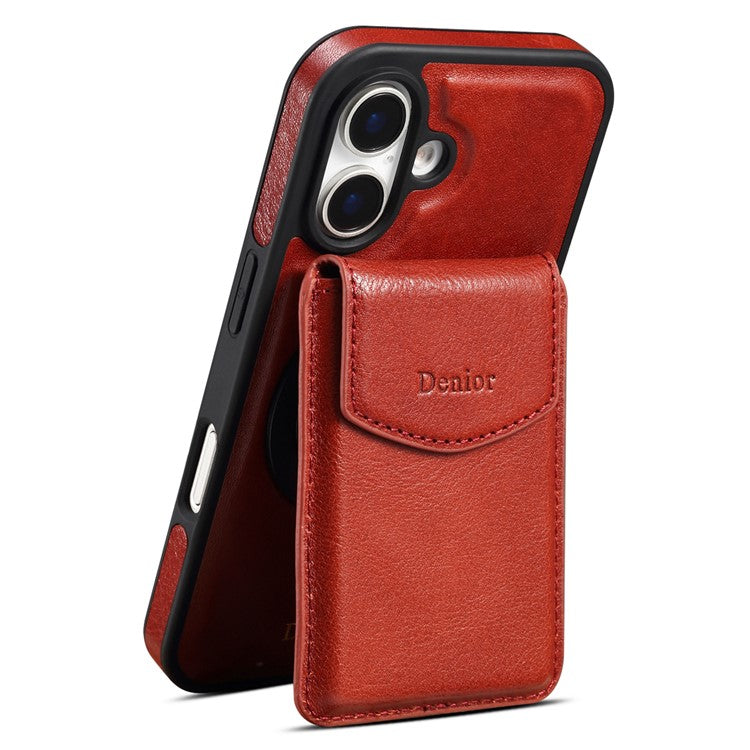 DENIOR D22 For iPhone 16 Plus Case Detachable Card Bag Rotary Kickstand Genuine Cow Leather Phone Back Cove - TechGearPal