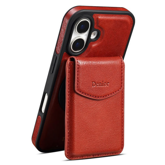 DENIOR D22 For iPhone 16 Plus Case Detachable Card Bag Rotary Kickstand Genuine Cow Leather Phone Back Cove - TechGearPal