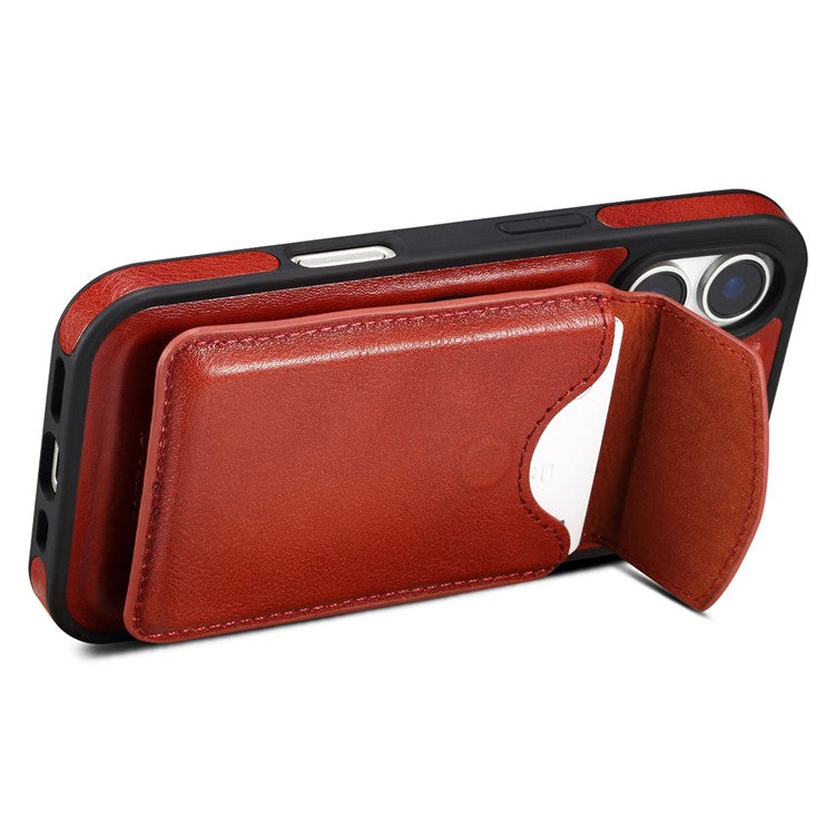 DENIOR D22 For iPhone 16 Plus Case Detachable Card Bag Rotary Kickstand Genuine Cow Leather Phone Back Cove - TechGearPal