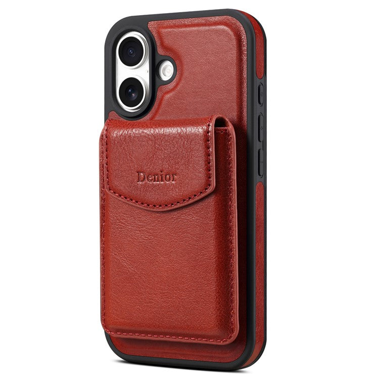 DENIOR D22 For iPhone 16 Plus Case Detachable Card Bag Rotary Kickstand Genuine Cow Leather Phone Back Cove - TechGearPal