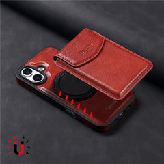 DENIOR D22 For iPhone 16 Plus Case Detachable Card Bag Rotary Kickstand Genuine Cow Leather Phone Back Cove - TechGearPal