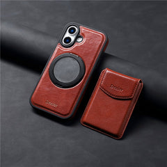 DENIOR D22 For iPhone 16 Plus Case Detachable Card Bag Rotary Kickstand Genuine Cow Leather Phone Back Cove - TechGearPal