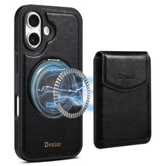 DENIOR D22 For iPhone 16 Plus Case Detachable Card Bag Rotary Kickstand Genuine Cow Leather Phone Back Cove - TechGearPal
