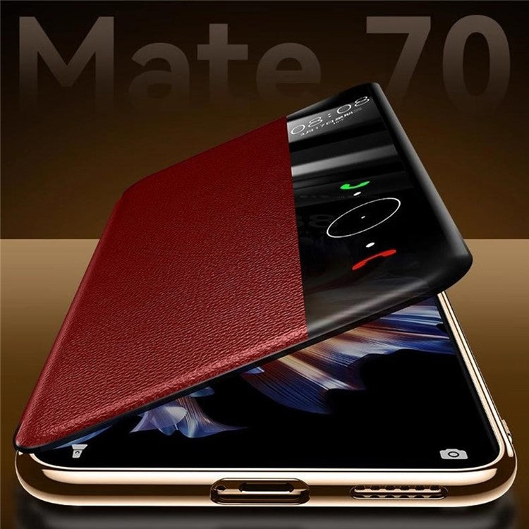 For Huawei Mate 70 Pro+ / Mate 70 Pro Case Genuine Cow Leather View Window Smart Phone Cove - TechGearPal