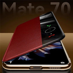 For Huawei Mate 70 Pro+ / Mate 70 Pro Case Genuine Cow Leather View Window Smart Phone Cove - TechGearPal