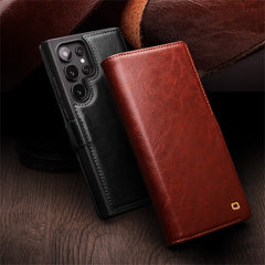 QIALINO For Samsung Galaxy S25 Ultra Case Genuine Cow Leather Wallet Phone Cover with Magnetic Closure