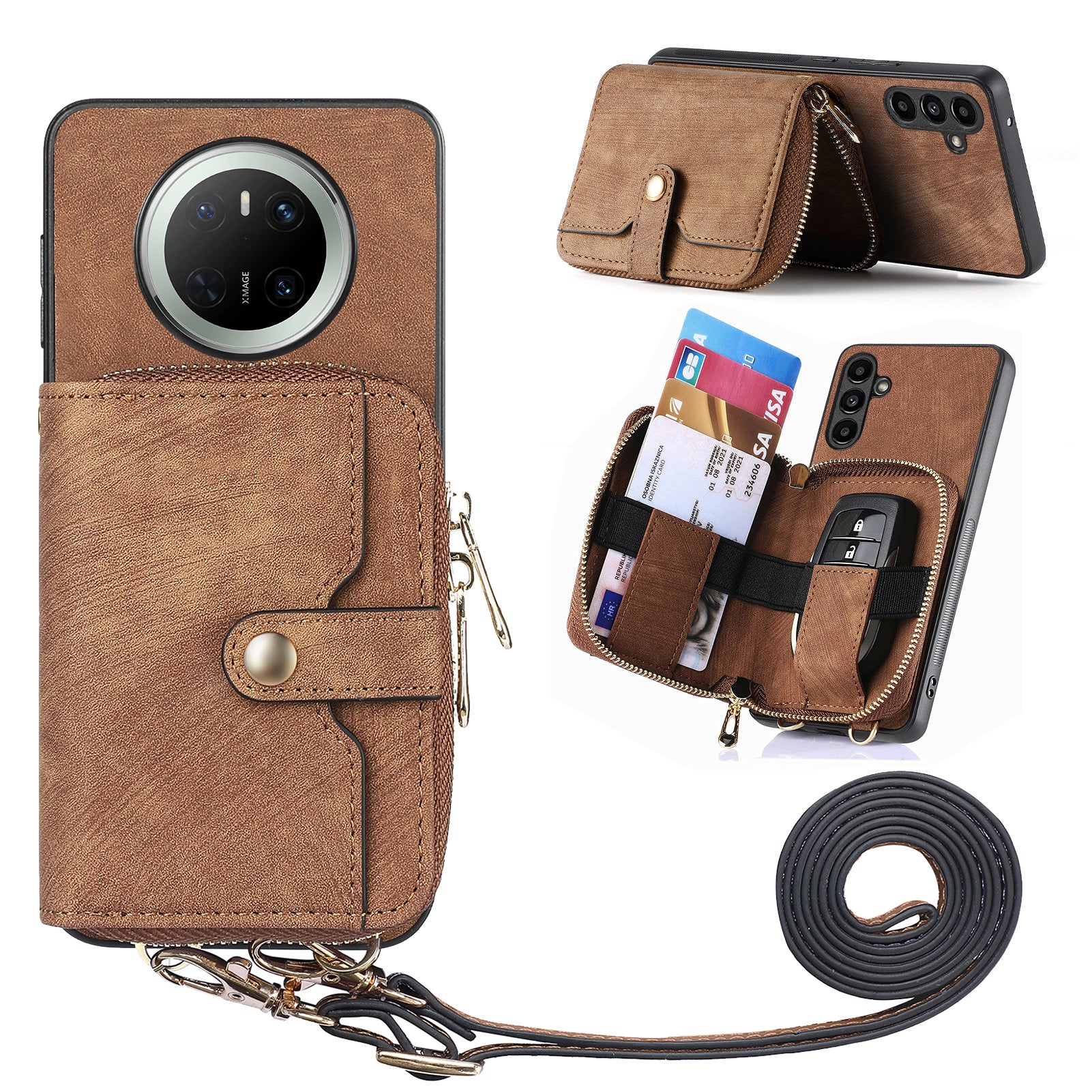 For Huawei Mate 70 PU Leather Phone Back Cover with Zipper Card Holder and Long Stra - TechGearPal