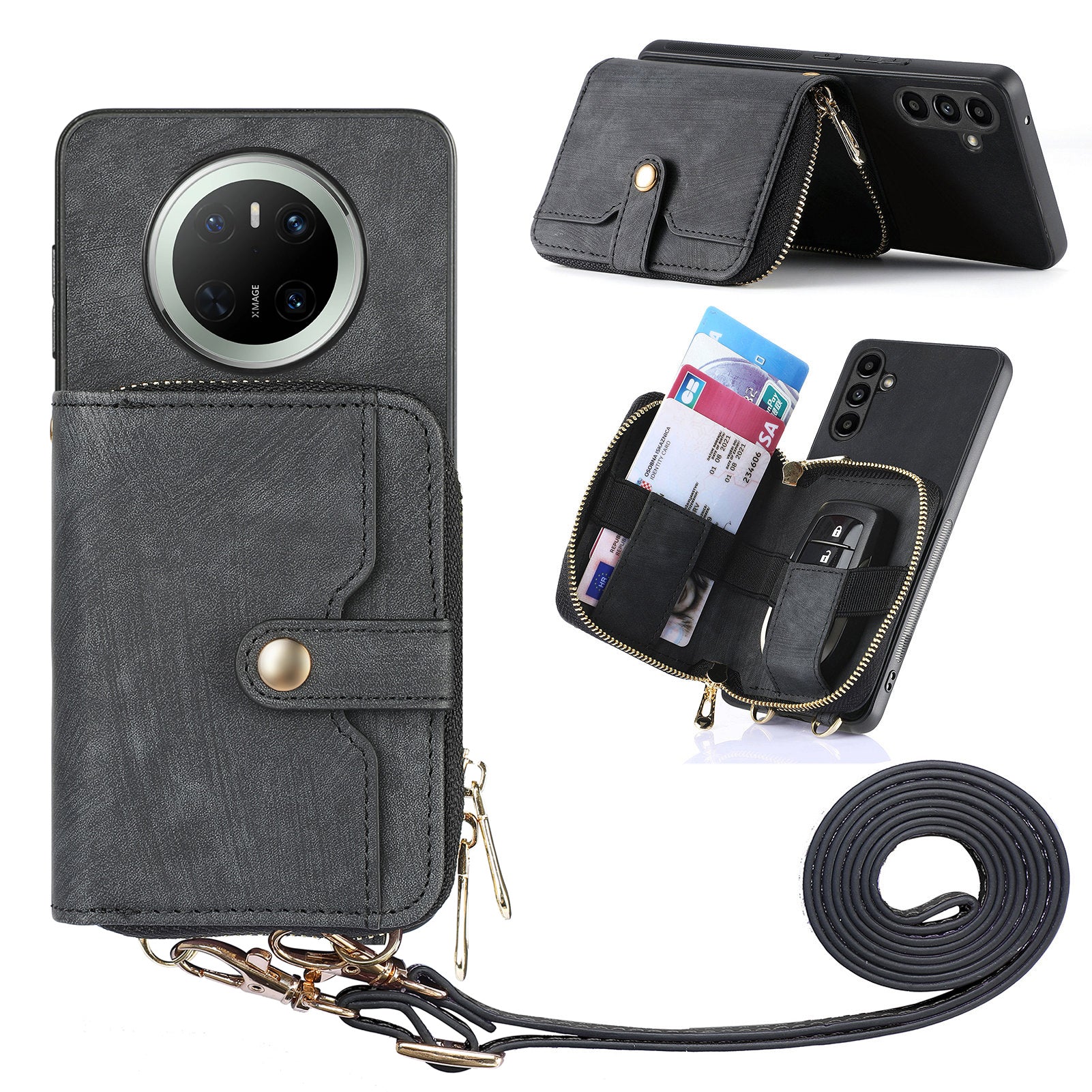 For Huawei Mate 70 PU Leather Phone Back Cover with Zipper Card Holder and Long Stra - TechGearPal