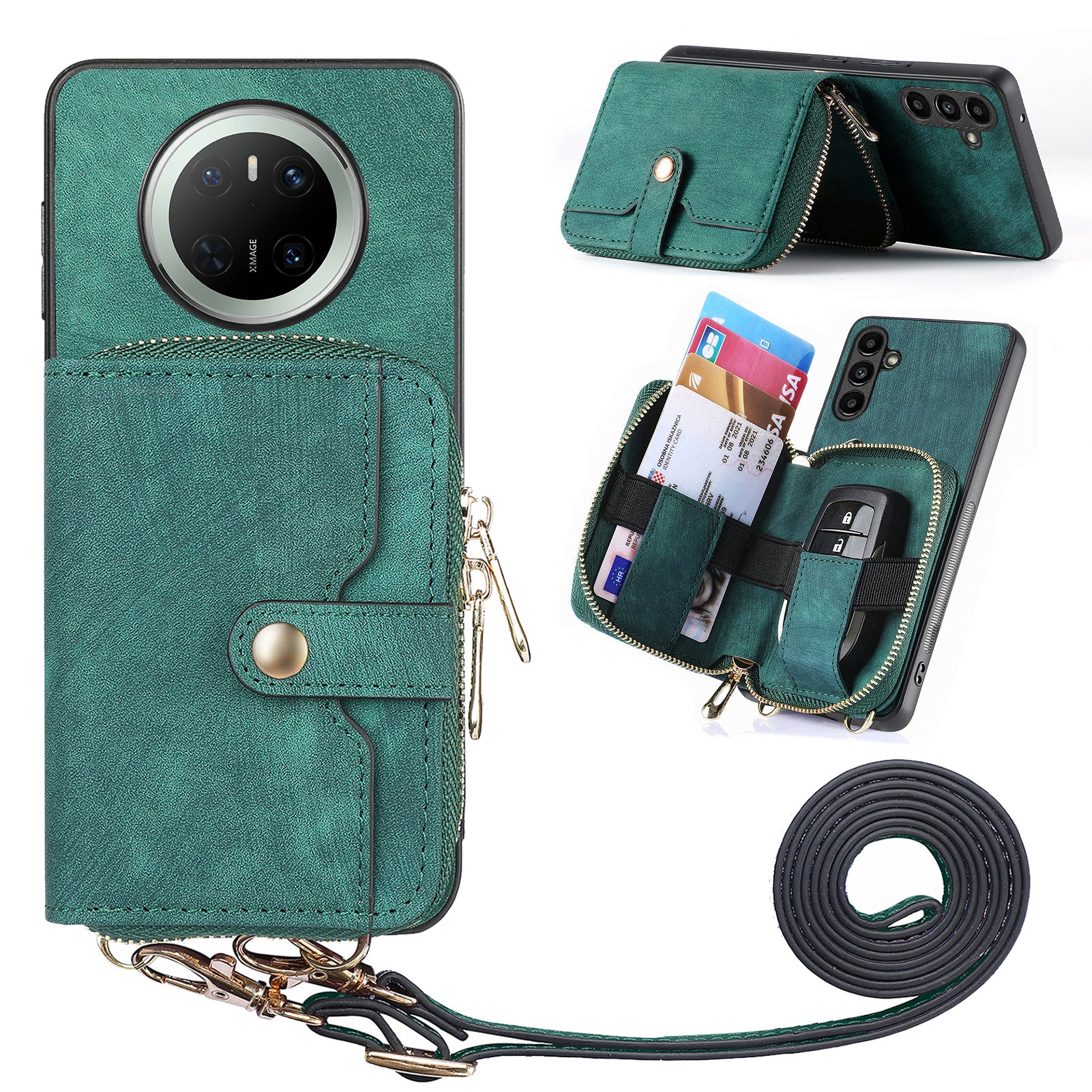 For Huawei Mate 70 PU Leather Phone Back Cover with Zipper Card Holder and Long Stra - TechGearPal