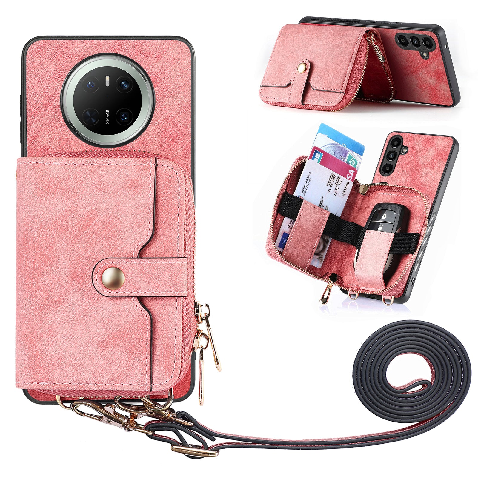 For Huawei Mate 70 PU Leather Phone Back Cover with Zipper Card Holder and Long Stra - TechGearPal