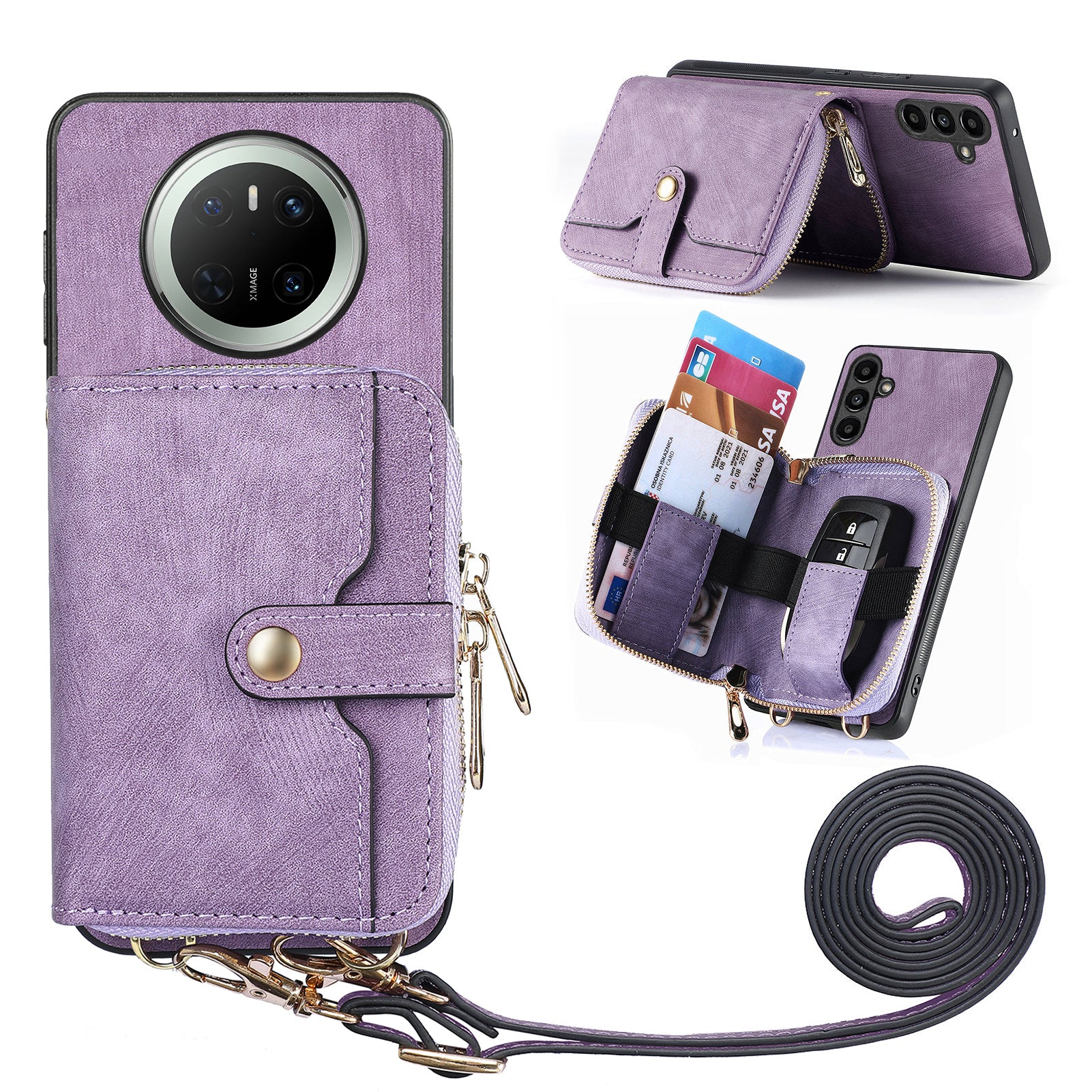For Huawei Mate 70 PU Leather Phone Back Cover with Zipper Card Holder and Long Stra - TechGearPal