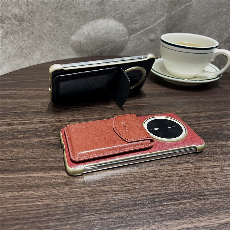 DENIOR For Huawei Mate 70 Magnetic Case Genuine Cow Leather PC Kickstand Phone Cover with Card Holde - TechGearPal