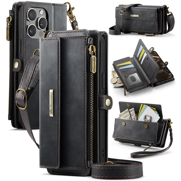 CASEME C39 Series For iPhone 13 Pro Max Case RFID Blocking 9 Card Slots Zipper Wallet Stand Leather Cover with Strap - TechGearPal