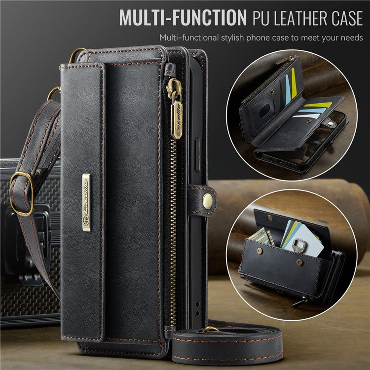CASEME C39 Series For iPhone 13 Pro Max Case RFID Blocking 9 Card Slots Zipper Wallet Stand Leather Cover with Strap - TechGearPal