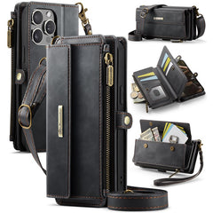 CASEME C39 Series For iPhone 13 Pro Max Case RFID Blocking 9 Card Slots Zipper Wallet Stand Leather Cover with Strap - TechGearPal